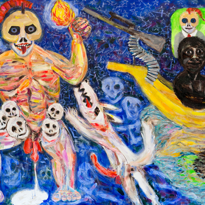 Democracy Arrives Democracy Arrives - War | acrylic on canvas | 72"x84" by Chris Harris, artist on Pender Island
