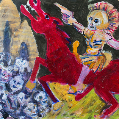 Democracy With Mound Democracy With Mound - War | acrylic on paper | 22"x30" by Chris Harris, artist on Pender Island